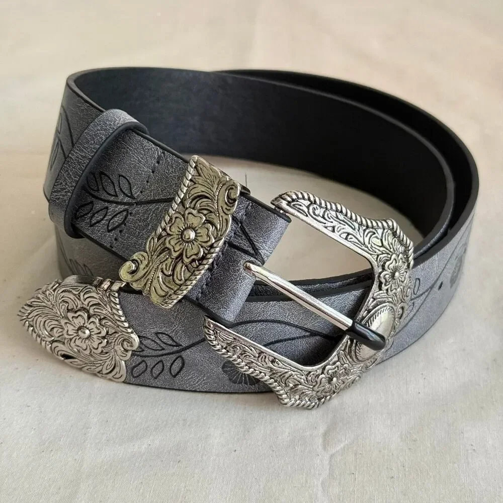 y2k style grey american western floral silver accent boho belt
